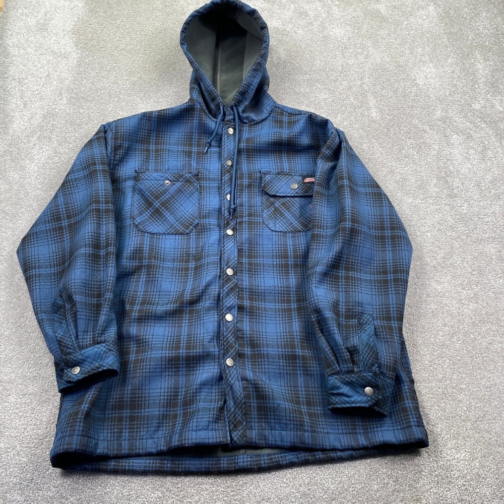 Genuine Dickies Mens XL Blue Black Plaid Fleece Lined‎ Hood Flannel Shirt Jacket
